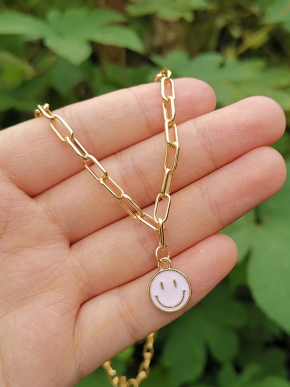 NWT Happy Smile Face Necklace Lavendar Pendant Paperclip Chain